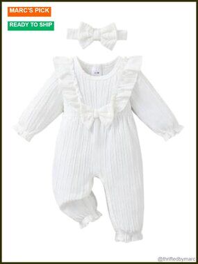 Newborn Baby Girl Romper Set, Long Sleeve Snug Fit with Headband, Fall Winter